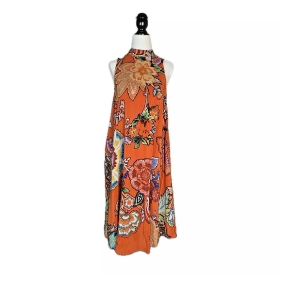 Anthropologie Maeve Larkhill Orange Silk Floral Sleeveless Midi Dress - Picture 3 of 13